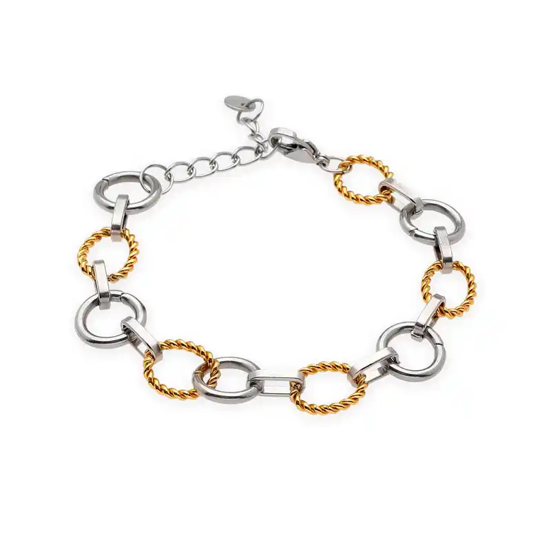 0600029 Βραχιόλι με κρίκους σε ασημί και χρυσό χρώμα από σφυρήλατο επιχρυσωμένο ατσάλι - Image 1