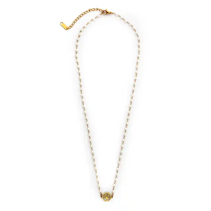 0700007 Κολιέ επιχρυσωμένη αλυσίδα με λευκές πέρλες και διακοσμητικό επιχρυσωμένο δέντρο της ζωής - Image 1