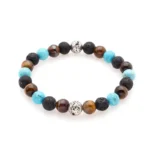 Πέτρες από Brown Tiger Eye, Turquoise, Μαύρη ηφαιστειακή λάβα & Ασημί χάντρες