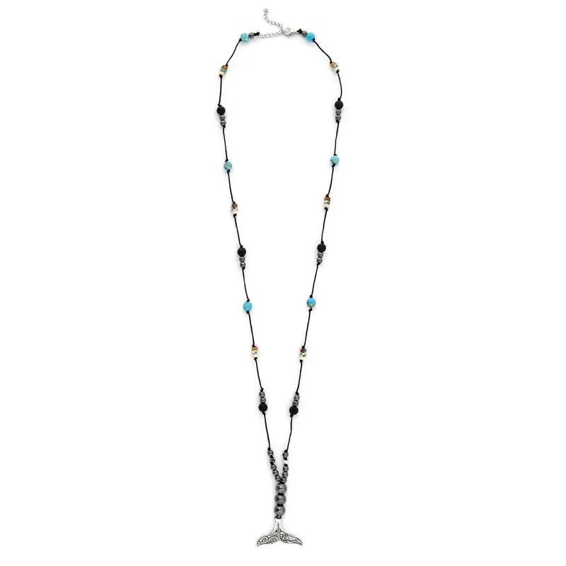 3000000 Κολιέ σε σχοινί από ορυκτές πέτρες και σχέδιο ουρά φάλαινας από ασημί ανοξείδωτο ατσάλι - Image 1