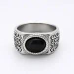Δαχτυλίδι με ορυκτή οβάλ πέτρα Black Agate από ασημί ανοξείδωτο ατσάλι