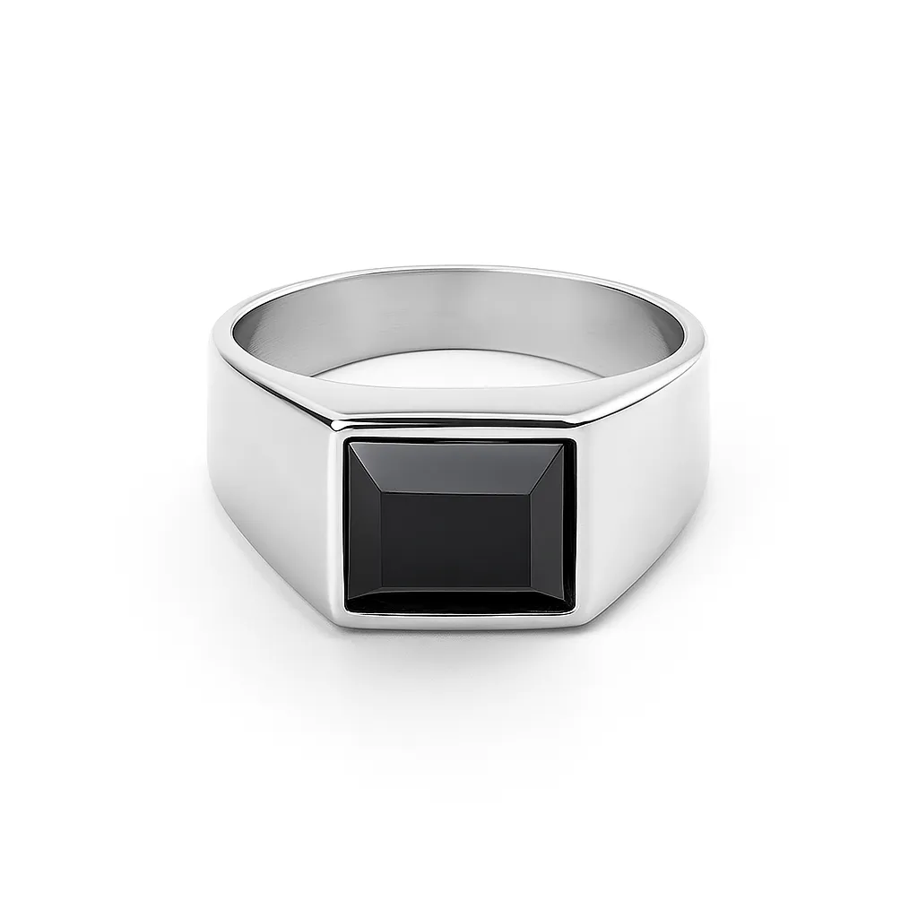 2000006 Δαχτυλίδι με ορθογώνια ορυκτή πέτρα Black Agate από ασημί ανοξείδωτο ατσάλι - Image 1