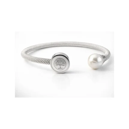 Βραχιόλι τύπου ταυτότητα με πέρλα και ασημί διακοσμητικό με σχέδιο δέντρο της ζωής που πλαισιώνεται από λευκή ιριδίζων επιφάνεια