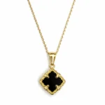 Χρυσό κολιέ "Gold Clover" με αλυσίδα, διπλής όψης μαύρο και λευκό ιριδίζον