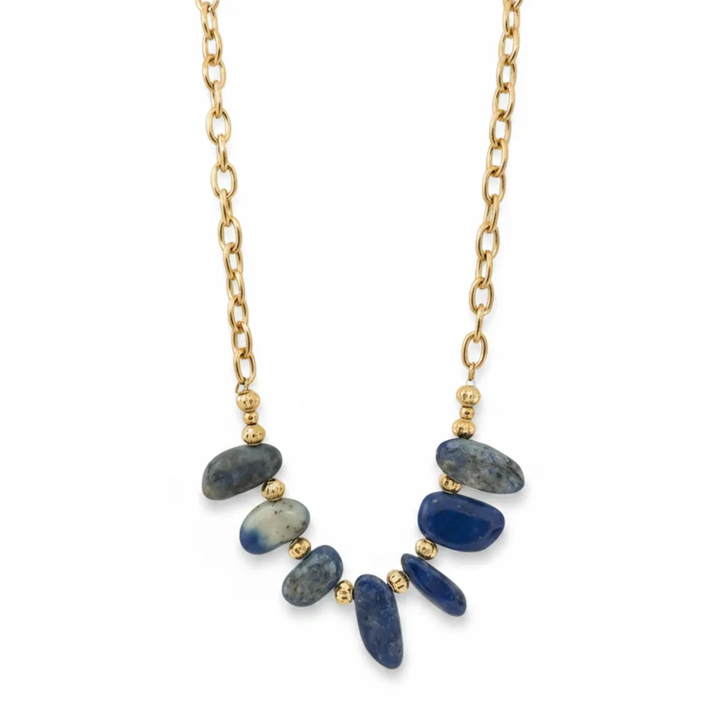 0700039 Κολιέ με ημιπολύτιμες πέτρες Lapis Lazuli σε raw σχήμα και επιχρυσωμένη αλυσίδα από ατσάλι - Image 1