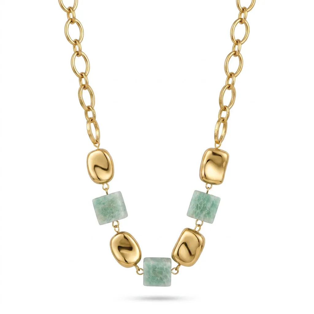 0700045 Κολιέ αλυσίδα με Gold Beads και ημιπολύτιμες πέτρες από Αμαζονίτη - Image 1
