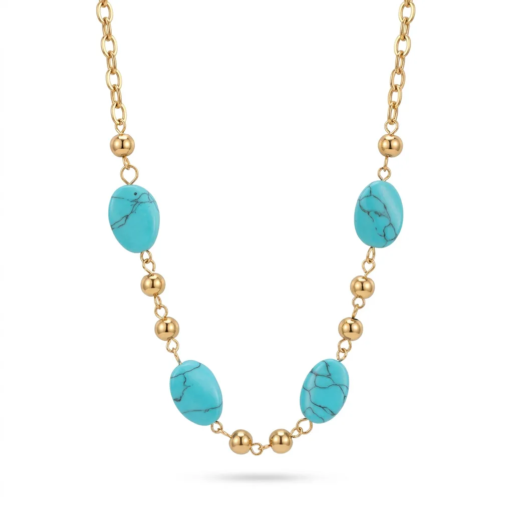 0700047 Κολιέ αλυσίδα με ημιπολύτιμες πέτρες Turquoise σε οβάλ σχήμα και Gold Beads - Image 1