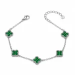 Αλυσίδα χεριού με διακοσμητικά Lucky Clovers από ασημί ατσάλι και επικάλυψη επιφάνειας με σχέδιο Μαλαχίτη