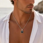 Ασημί τετράγωνη αλυσίδα με μενταγιόν από black agate με επιφάνειες κοπής για premiun εμφάνιση - Image 2